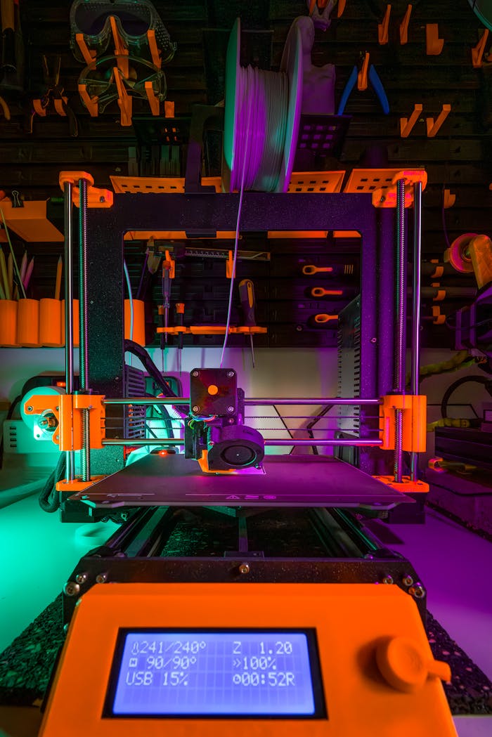 Close-up of a neon-lit 3D printer in a workshop, showcasing vibrant colors and design.